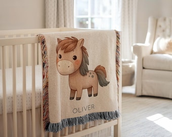 Personalized Brown Horse Baby Blanket, Custom Name Pony Throw for Farm Nursery, Horse Lover Baby Gift, Cute Brown Foal Blanket for Kids