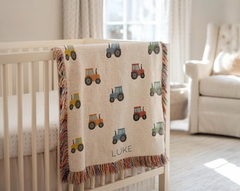 Personalized Tractor Blanket for Boys, Custom Farm Baby Name Blanket with Colorful Tractor Pattern, Toddler Boy Farm Gift, Farm Baby Blanket