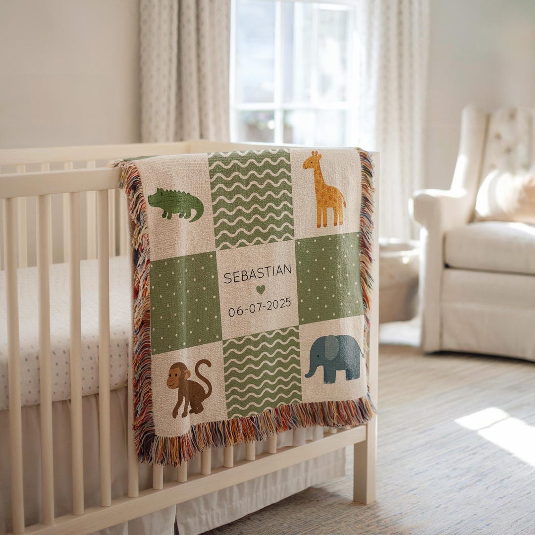 Personalized Safari Baby Blanket, Jungle Animal Nursery Blanket, Custom ...
