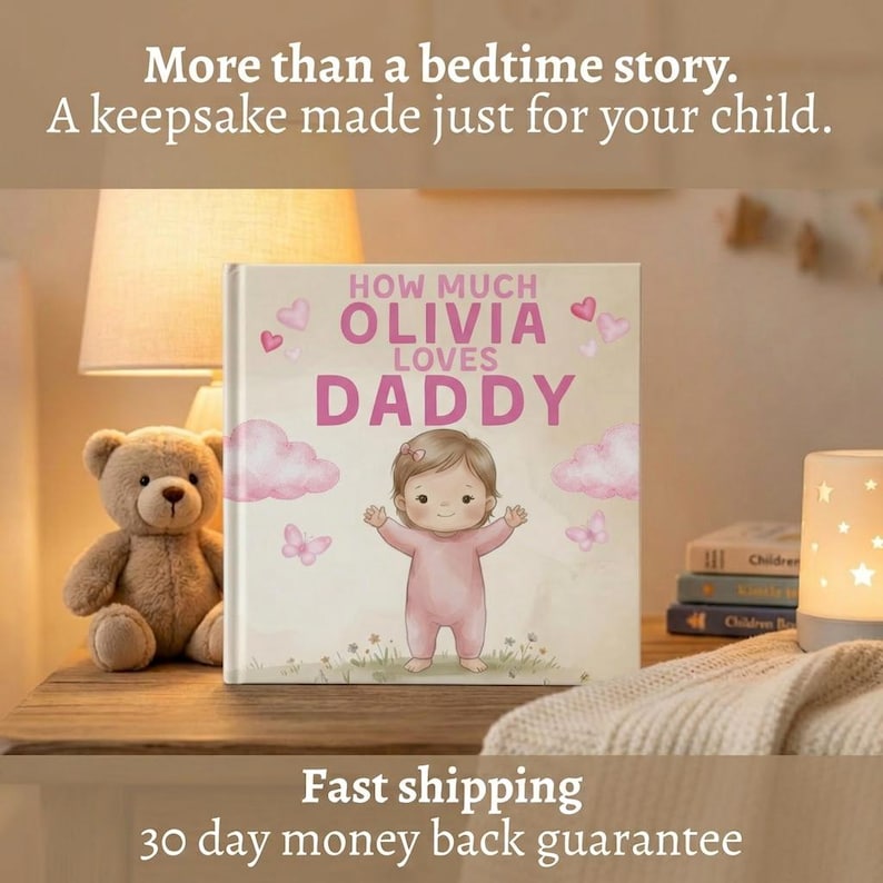 Peut inclure: Un livre pour enfants personnalis&eacute; intitul&eacute; &laquo; How Much Olivia Loves Daddy &raquo; avec une illustration de b&eacute;b&eacute;. Le livre est rose et blanc avec des c&oelig;urs et des nuages roses. Un ours en peluche et une lampe sont sur le c&ocirc;t&eacute;.