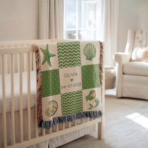 Personalized Green Mermaid Patchwork Baby Blanket, Custom Name & Birth Date Ocean Nursery Throw, Under the Sea Baby Shower Gift for Girl