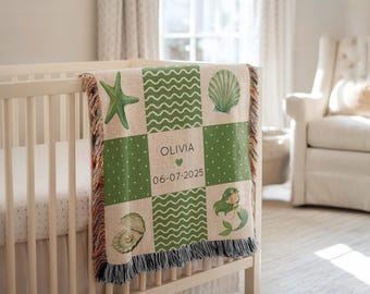 Personalized Green Mermaid Patchwork Baby Blanket, Custom Name & Birth Date Ocean Nursery Throw, Under the Sea Baby Shower Gift for Girl