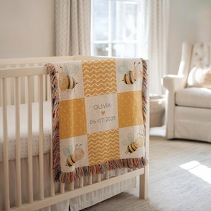 Personalized Bumblebee Baby Blanket, Custom Name Yellow Bee Quilt with Date, Cute Nursery Decor or Baby Girl Gift Idea, Bee Blanket Honeybee
