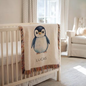 Personalisierte Pinguin Babydecke, Benutzerdefinierte Winter gewebte Decke mit Name, Arktisches Tier Baby Geschenk, Babyparty oder Kinderzimmer Andenken