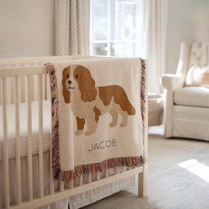 Personalized King Charles Spaniel Baby Blanket, Custom Name Puppy Dog Throw, Cavalier Gift for Dog Lovers, Cute Baby Shower Gift