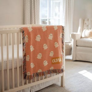 Personalized Ghost Halloween Blanket, Cute Baby Name Throw for Fall Nursery, Spooky Season Toddler Blanket, Custom Boo Baby Gift Girl