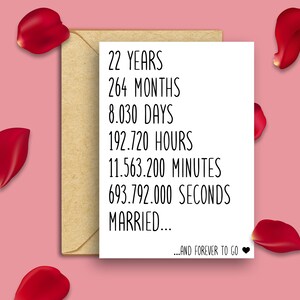 K&ouml;nnte beinhalten: Eine wei&szlig;e Karte mit schwarzem Text, der lautet: "22 JAHRE, 264 MONATE, 8.030 TAGE, 192.720 STUNDEN, 11.563.200 MINUTEN, 693.792.000 SEKUNDEN VERHEIRATET... ...UND F&Uuml;R IMMER" mit einem kleinen Herzsymbol.