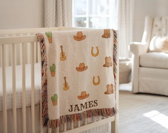Manta de bebé personalizada con estampado de vaquero occidental, manta personalizada con nombre de bebé, decoración rústica para guardería, regalo campestre para baby shower para niños