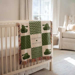 Personalized Army Baby Blanket, Custom Name Green Tank Throw Date, Military Baby Boy Gift, Army Nursery Decor, Camouflage Baby Shower Gift