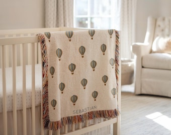 Personalized Hot Air Balloon Baby Blanket, Custom Name Blanket, Adventure Baby Gift, Neutral Nursery Throw, Baby Boy or Girl Blanket
