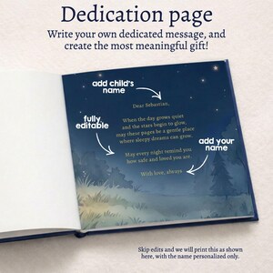 May include: Open book with a dedication page. The page has a dark blue background with a night sky illustration. Text includes prompts to add a child's name and your name, and the words "Dear Sebastian".