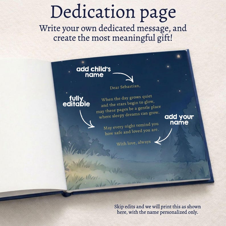 May include: Open book with a dedication page. The page has a dark blue background with a night sky illustration. Text includes prompts to add a child's name and your name, and the words "Dear Sebastian".