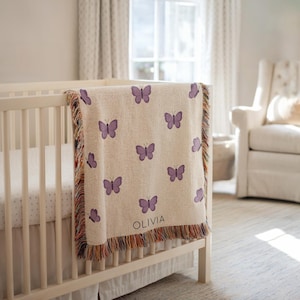 Personalized Butterfly Baby Blanket, Purple Butterfly Girl Throw with Name, Custom Baby Gift, Butterfly Nursery Decor or Crib Blanket