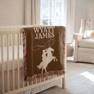 Personalized Cowboy Baby Blanket, Western Horse Name Blanket, Rustic Baby Gift, Custom Wild West Nursery Throw, Cowboy Western Baby Decor