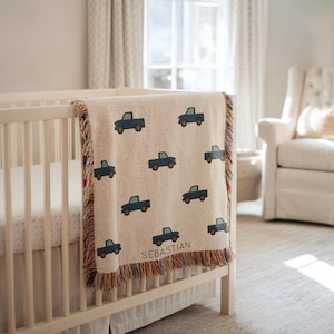 Personalized Blue Truck Baby Blanket, Custom Name Pickup Throw for Boys, Rustic Farm Vehicle Crib Blanket, Baby Shower Gift for Country Dad