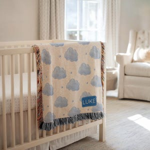 Personalized Blue Clouds Baby Blanket, Custom Name Sky Print Throw, Cozy Nursery Bedding for Boys, Cute Dreamy Baby Shower Gift