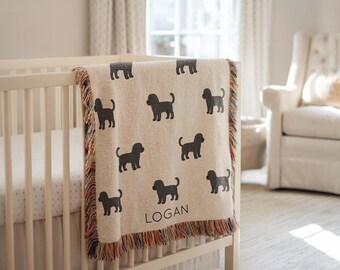 Personalisierte portugiesische Wasserhund-Babydecke, benutzerdefinierter Name-Welpen-Wurf für Hundeliebhaber, niedliche Hunderasse Geschenk für Baby, Kinderzimmer-Dekor