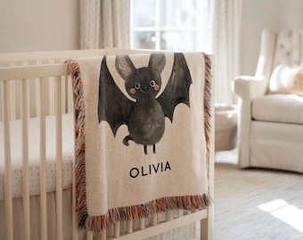 Personlig fladdermusfilt, Halloween-namnfilt, söt flygande fladdermusfilt för barn, personlig Halloween-present till flicka och pojke, fladdermusfilt