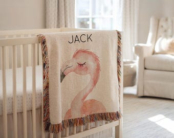 Gepersonaliseerde safari flamingo babydeken, aangepaste jungle dierenwieg gooien, naamdeken, safari babyshower cadeau voor jongens of meisjes