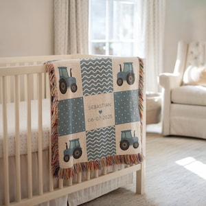 Personalized Blue Tractor Baby Blanket, Custom Farm Baby Quilt with Name and Birth Date, Country Boy Nursery Gift, Farmer Baby Throw