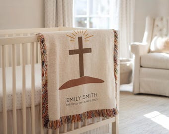 Personalized Baptism Baby Blanket, Woven Christening Blanket with Cross, Religious Baby Gift, Custom Name Blanket, Godchild Keepsake