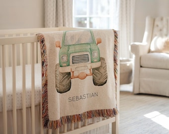 Personlig grön monstertruck-filt för baby, anpassad grön lastbilsfilt för pojkar, barnfilt för pojkar, babyshowerpresent till monstertruckar