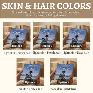 Pode incluir: Imagem de um livro infantil personalizado intitulado "Goodnight, Carter" com uma ilustra&ccedil;&atilde;o de cowboy. A capa do livro apresenta diferentes op&ccedil;&otilde;es de cores de pele e cabelo: pele clara com cabelo castanho, pele clara com cabelo loiro, pele clara com cabelo preto, pele bronzeada com cabelo preto e pele escura com cabelo preto.