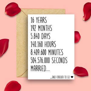 16th Anniversary Card, 16th Wedding Anniversary Card, 16 Years Married, 16 Year Anniversary Card, Anniversary Card For Husband Wife Him Her