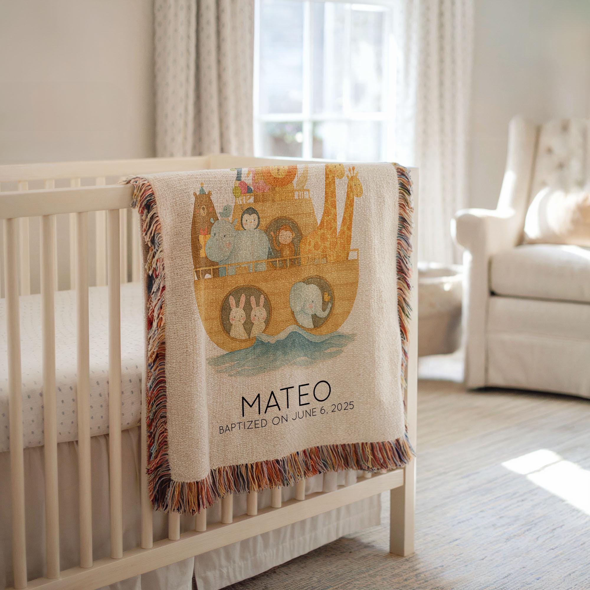 Personalized Noah's Ark Baptism Blanket, Custom Christian Baby Gift with Name & Date, Baptism Gift, Woven Baby Blanket for Baby Boy Baptism