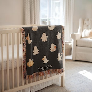 Personalized Ghost Baby Blanket, Halloween Baby Blanket Spooky Baby Name Throw, Fall Baby Gift, Halloween Nursery Blanket Black with Ghosts