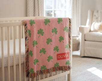 Personalized Clover Baby Blanket, Pink Custom Girl Name Throw with Lucky Shamrocks, St. Patrick’s Day Baby Gift, Nursery Decor for Girls