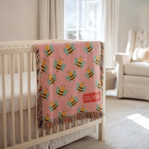 Personalized Bee Baby Blanket, Pink Bumblebee Name Throw for Girls, Custom Nursery Blanket Gift, Cute Bee Baby Shower Gift for Girl