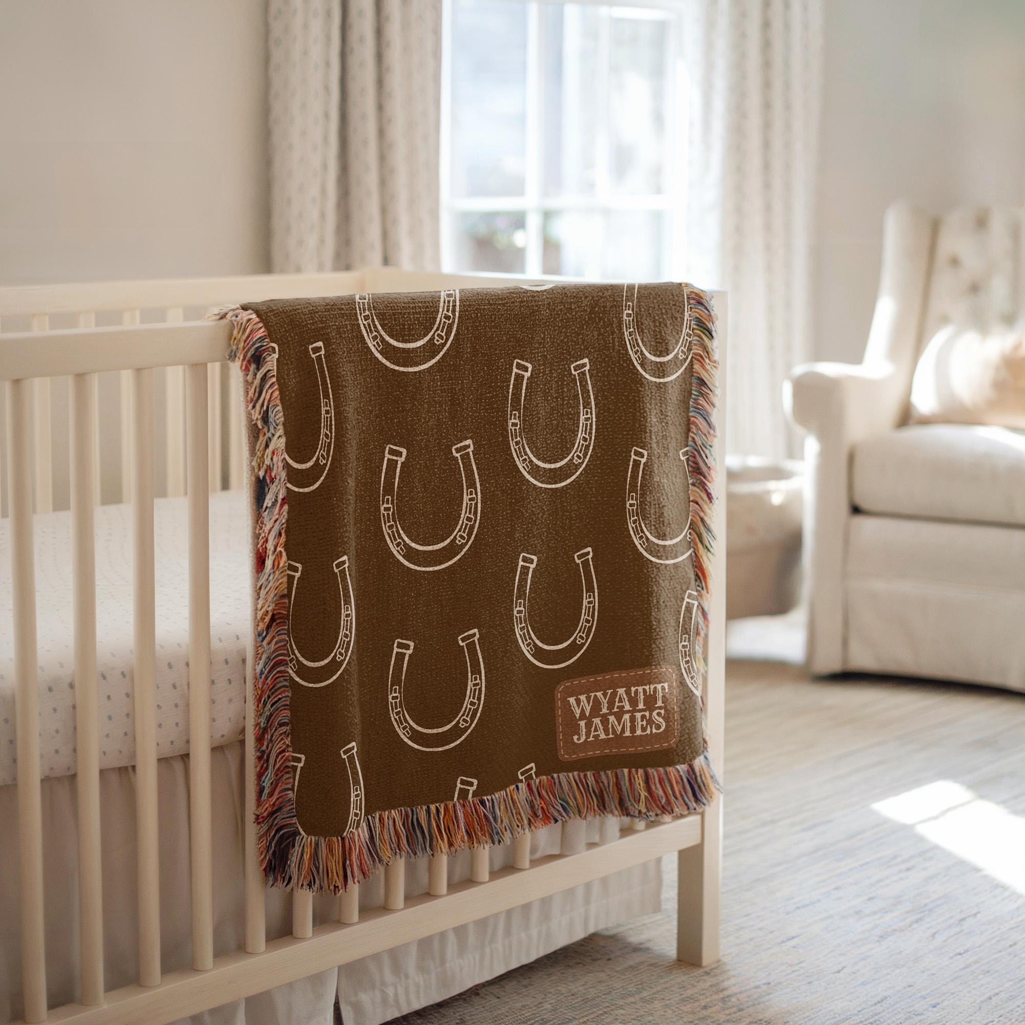 Personalized Cowboy Horseshoe Baby Blanket, Western Baby Blanket, Horseshoe Name Blanket, Rustic Nursery Throw, Custom Baby Gift Horseshoe