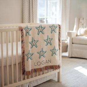 Personalized Starfish Baby Blanket, Personalized Ocean Nursery Throw with Cute Sea Stars, Custom Baby Shower Gift for Boys Girls, Baby Gift