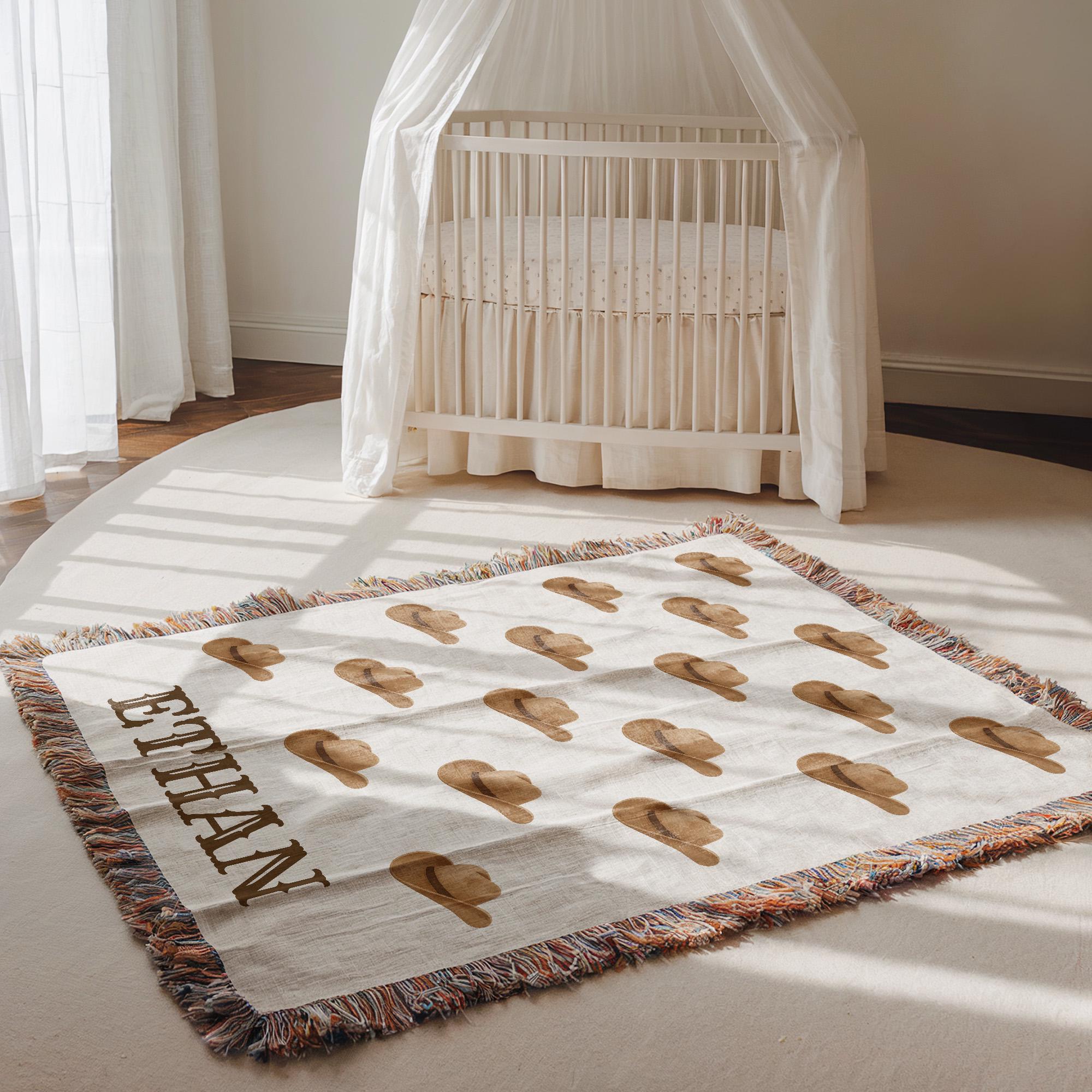Personalized Cowboy Woven Baby Blanket, Baby Name Blanket with Cowboy Hat Pattern, Custom Newborn Gift, Western Baby Boy Crib Throw