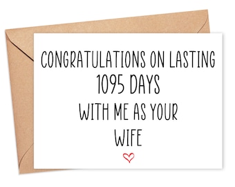 3rd Anniversary Card For Husband, 3 Year Anniversary Card For Him, 3 Years Married Card, 3 Years Together Card, 1095 Days Married Card