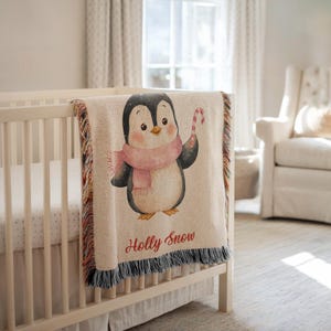 Babydecke, personalisierter Pinguin mit Schal, Babydecke, Winter-Weihnachtsurlaubsdecke, Babypartygeschenk für Neugeborene