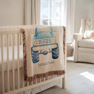 Personalized Monster Truck Baby Blanket, Custom Name Blue Truck Blanket for Boys, Unique Nursery Blanket or Baby Shower Gift Monster Trucks