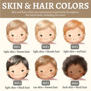 Peut inclure: Illustration pr&eacute;sentant six combinaisons de couleurs de peau et de cheveux pour filles. Le texte en haut indique "SKIN & HAIR COLORS". Chaque fille est &eacute;tiquet&eacute;e avec un num&eacute;ro et une description de sa couleur de peau et de ses cheveux, comme "light skin + brown hair."