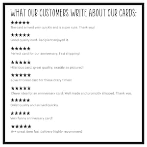 K&ouml;nnte beinhalten: Ein wei&szlig;er Hintergrund mit schwarzem Text, der "WHAT OUR CUSTOMERS WRITE ABOUT OUR CARDS:" lautet. Unter dem Text befinden sich mehrere F&uuml;nf-Sterne-Bewertungen und Kundenrezensionen zu Gru&szlig;karten.