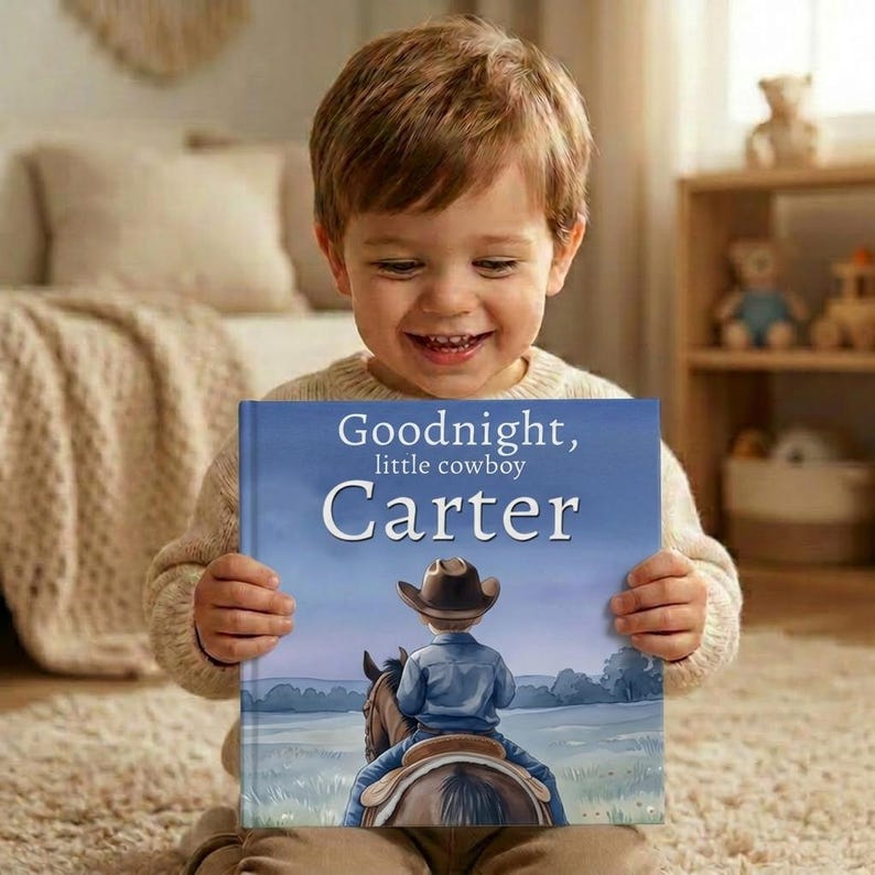 Pode incluir: Uma crian&ccedil;a segurando um livro infantil intitulado "Goodnight, little cowboy Carter". A capa do livro apresenta uma ilustra&ccedil;&atilde;o de um cowboy montando um cavalo contra um fundo de c&eacute;u azul. A crian&ccedil;a est&aacute; sorrindo.