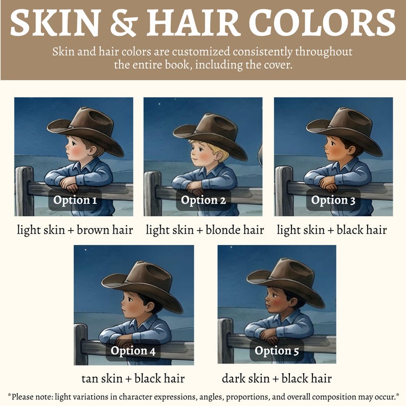 Pode incluir: Imagem mostrando cinco ilustra&ccedil;&otilde;es de uma crian&ccedil;a usando um chap&eacute;u de cowboy e camisa azul, com varia&ccedil;&otilde;es na cor da pele e do cabelo. O texto na parte superior diz "SKIN & HAIR COLORS". Abaixo de cada ilustra&ccedil;&atilde;o est&atilde;o as combina&ccedil;&otilde;es de cores de pele e cabelo.