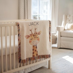 Personalized Safari Giraffe Baby Blanket, Jungle Crib Throw with Name, Custom Giraffe Blanket, Baby Shower Gift, Safari Nursery Decor
