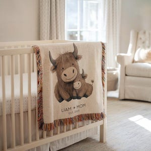 Personalized Highland Cow Mom & Baby Blanket, Custom Highland Cow Animal Throw Date, Mother Child Highland Cow Nursery Gift, Babyshower Gift