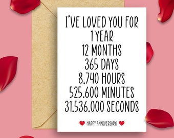 May include: A white anniversary card with black text, including the phrases "I've loved you for 1 year, 12 months, 365 days, 8,740 hours, 525,600 minutes, 31,536,000 seconds." The card is in a brown envelope, with red rose petals on a pink background.
