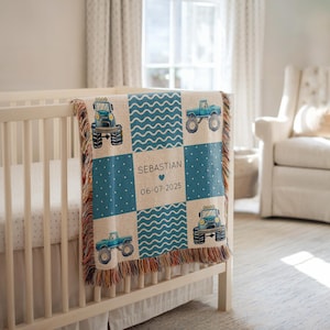 Personalized Blue Monster Truck Baby Blanket, Custom Name Blue Truck Blanket for Boys, Fun Nursery Decor Monster Truck Baby Shower Gift