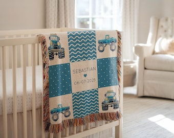 Personalized Blue Monster Truck Baby Blanket, Custom Name Blue Truck Blanket for Boys, Fun Nursery Decor Monster Truck Baby Shower Gift