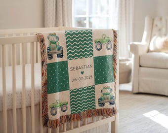 Personlig grön monstertruckfilt för baby, grön lastbilsfilt med eget namn för pojkar, cool barnfilt för babyshower, monstertruckar