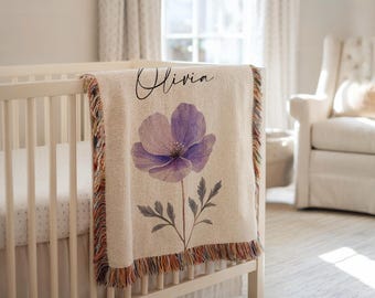Personalized Purple Wildflower Baby Blanket, Minimalist Large Floral Throw with Custom Name, Botanical Baby Gift for Girls or Gender Neutral