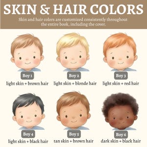Peut inclure: Illustration pr&eacute;sentant six gar&ccedil;ons avec diff&eacute;rentes couleurs de peau et de cheveux. Le texte en haut indique "SKIN & HAIR COLORS". Chaque gar&ccedil;on est num&eacute;rot&eacute; et d&eacute;crit avec sa couleur de peau et de cheveux, comme "light skin + brown hair".